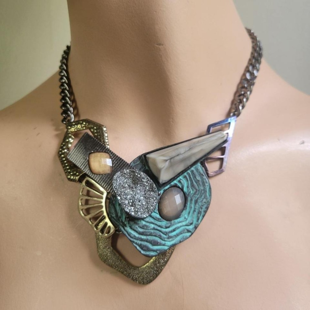 Geometric Mixed Media Statement Necklace 16" Blue